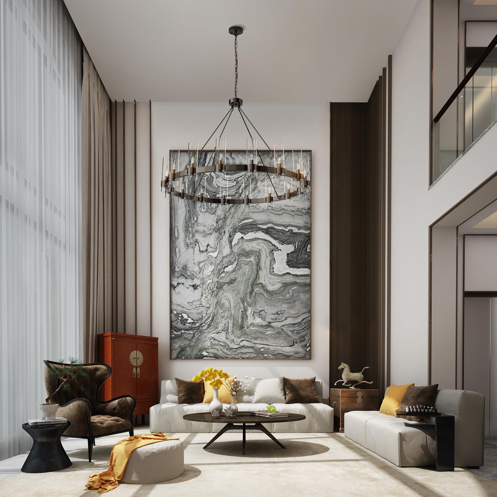 60 Inch Gold Chandelier, Wagon Wheel Chandelier with Glass Shade, 20 - Lights Large Round Modern Farmhouse High Ceiling Pendant Lighting Fixture for Dining Room, Living Room, Kitchen, Foyer - Camilalamps - B0CNRHR35D