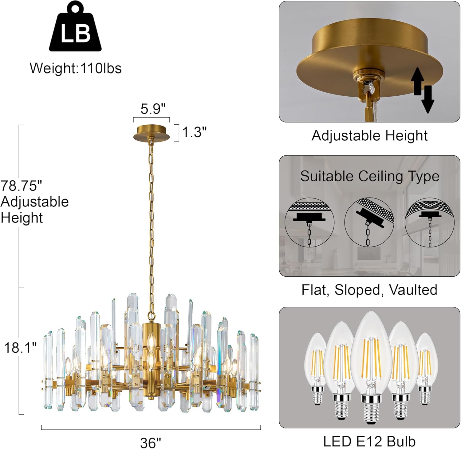 36" Luxury Gold Crystal 16 - Light Round Adjustable Chandelier - Camilalamps - CA-B0FJFSJQ5D