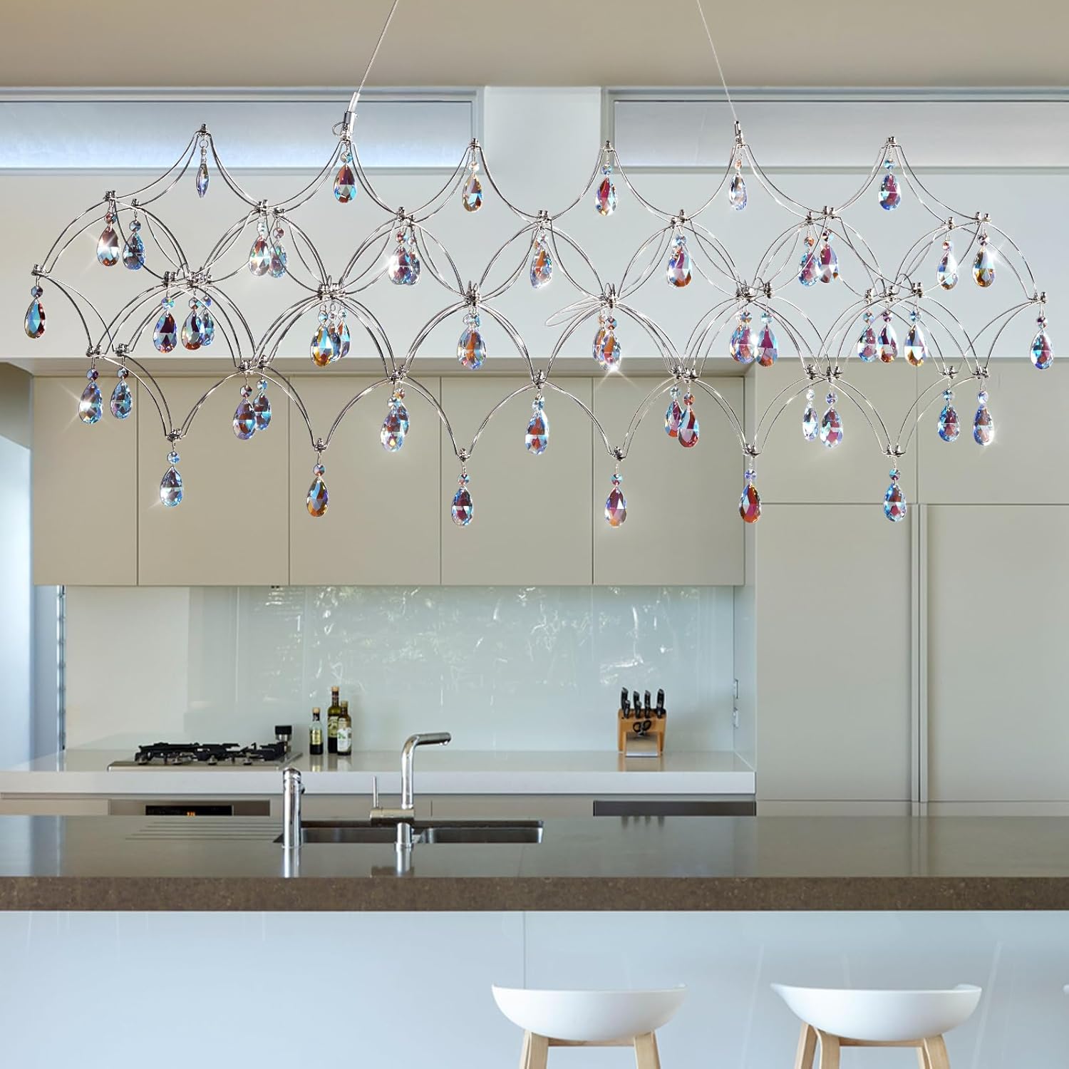 Large Silver Rectangle Crystal Chandelier 49.2" Modern Luxury Raindrop Light - Camilalamps - CA-B0FPM4W27R