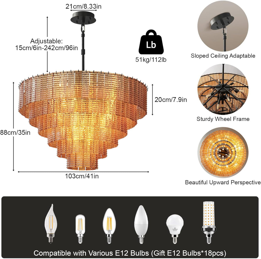 41" Extra Large 18 - Light Amber Glass Black Round Chandelier - Camilalamps - CA-B0FPM873C1