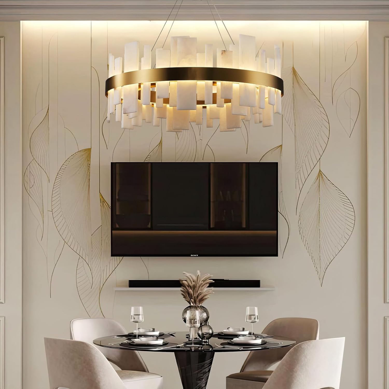 Adjustable Luxury Alabaster Round Chandelier – 31.5in Natural Stone - Camilalamps - CA-B0F1XZS6XQ