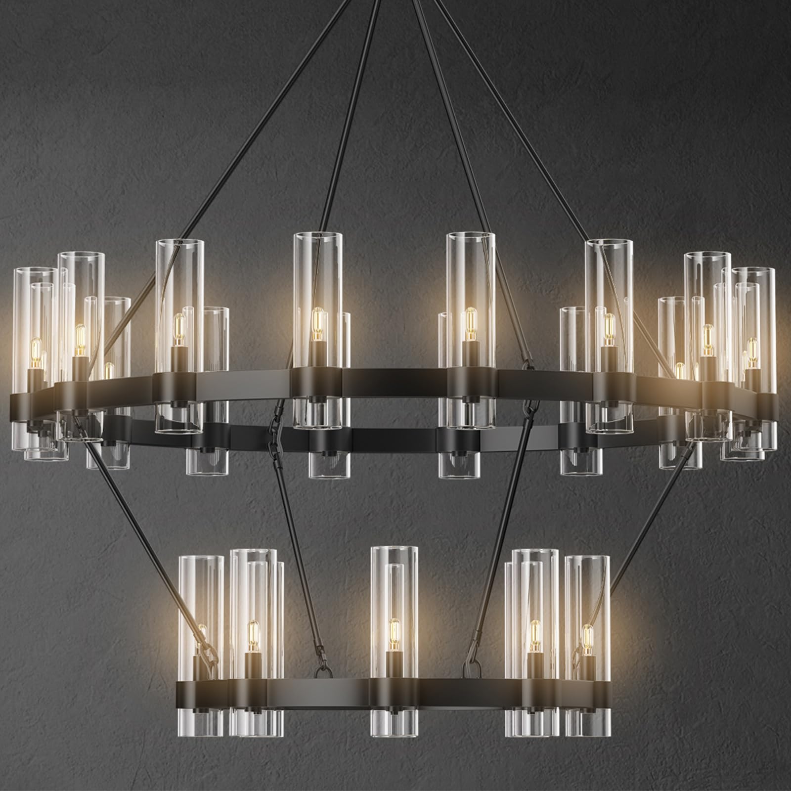 60 Inch Gold Chandelier, Wagon Wheel Chandelier with Glass Shade, 20 - Lights Large Round Modern Farmhouse High Ceiling Pendant Lighting Fixture for Dining Room, Living Room, Kitchen, Foyer - Camilalamps - B0D3C5VB5P