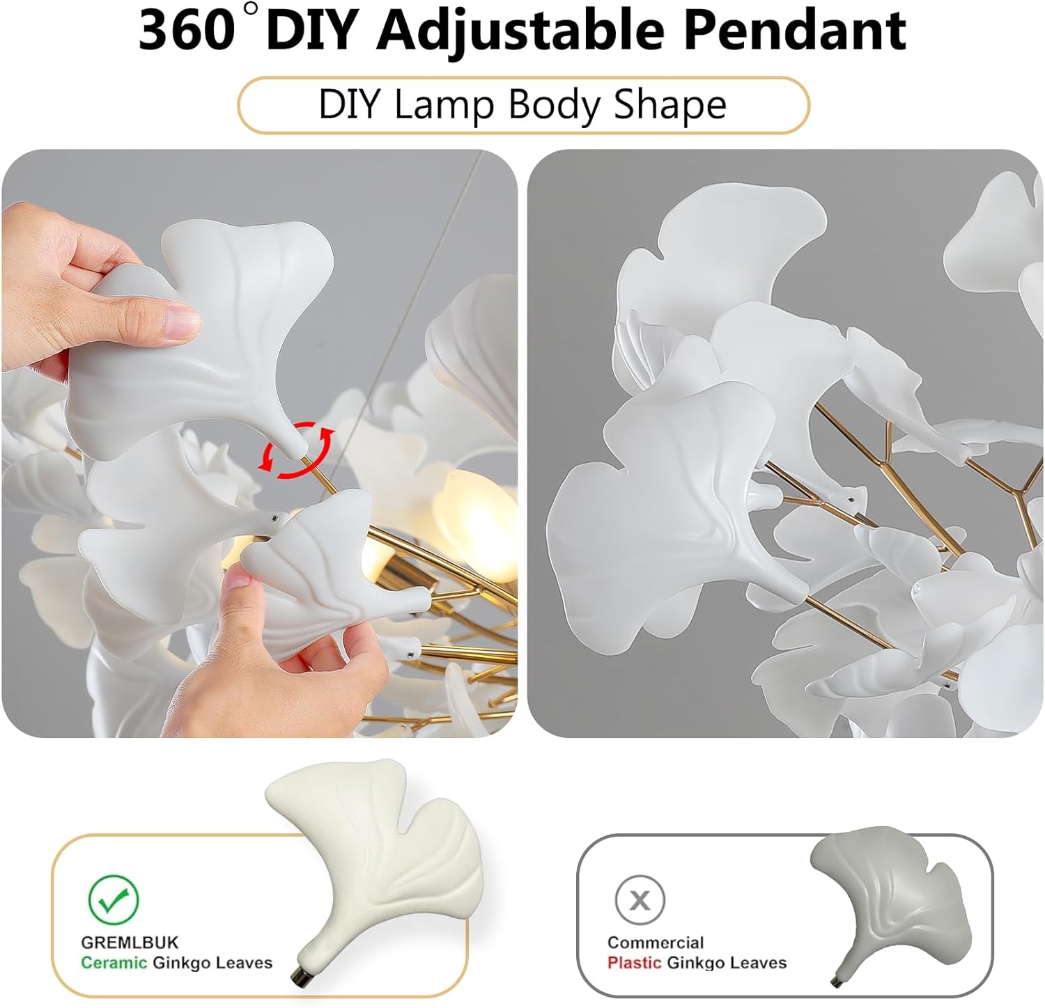 Silver Ceramic Ginkgo Leaf Tree Branch Chandelier – 40" Round Luxury Fixture - Camilalamps - CA-B0DKTGPPS1