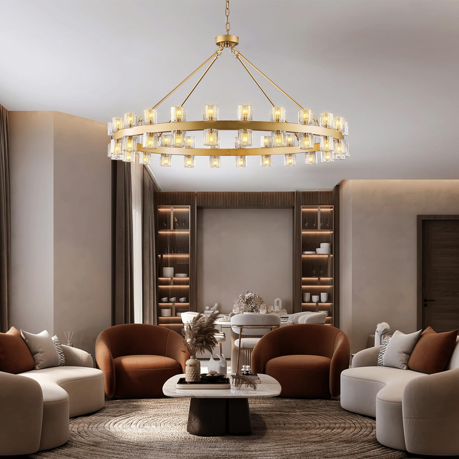48 Inch Black Wagon Wheel Chandelier with Crystal Shade, 48 Lights, Modern Farmhouse Style, Ideal for Dining Room, Kitchen, Entryways - Camilalamps - B0DPJY8R54