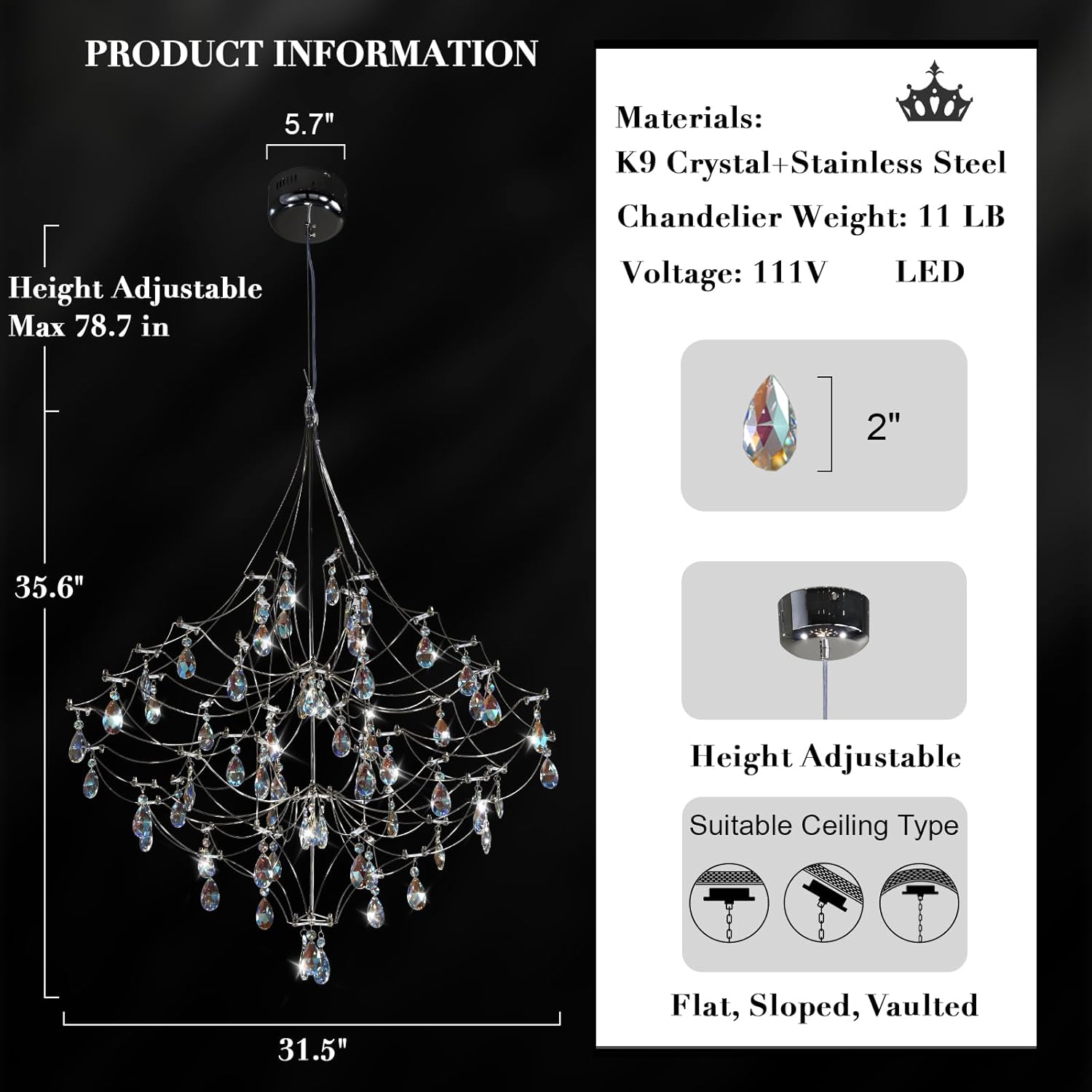 Silver 31.5" Round Crystal Raindrop Chandelier for Modern Homes - Camilalamps - CA-B0FPM628ZH