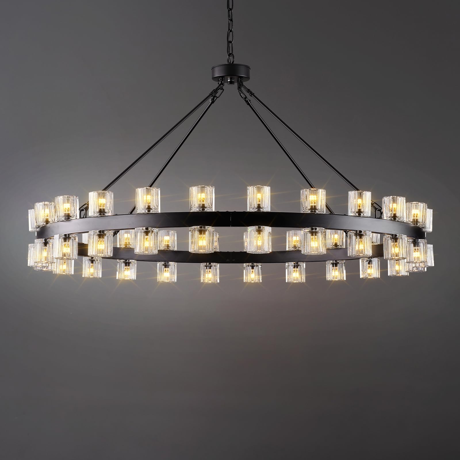 48 Inch Black Wagon Wheel Chandelier with Crystal Shade, 48 Lights, Modern Farmhouse Style, Ideal for Dining Room, Kitchen, Entryways - Camilalamps - B0DPJXYTPN