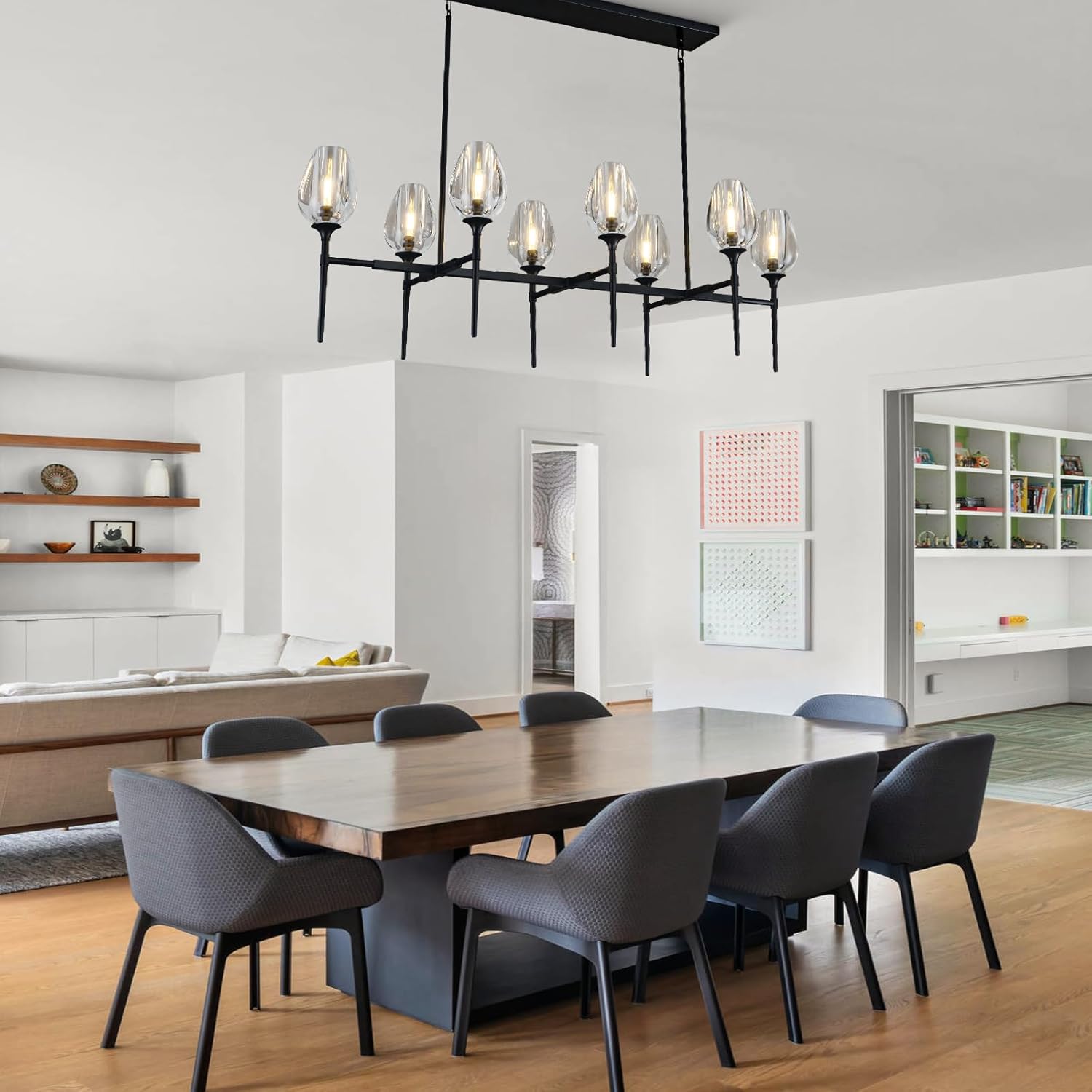 Modern Black 8 - Light 52in Rectangle Crystal Pendant Chandelier for Dining - Camilalamps - CA-B0DD45QJZT