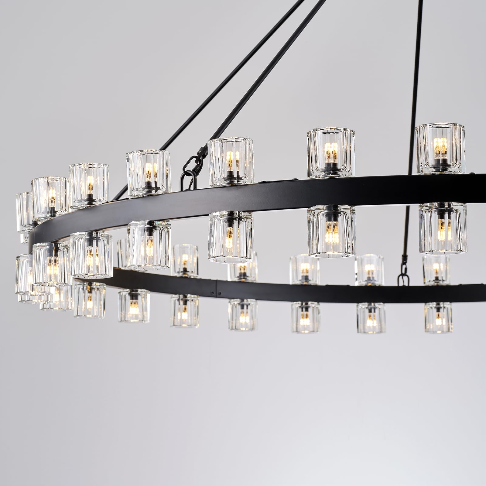 48 Inch Black Wagon Wheel Chandelier with Crystal Shade, 48 Lights, Modern Farmhouse Style, Ideal for Dining Room, Kitchen, Entryways - Camilalamps - B0DPJY8R54