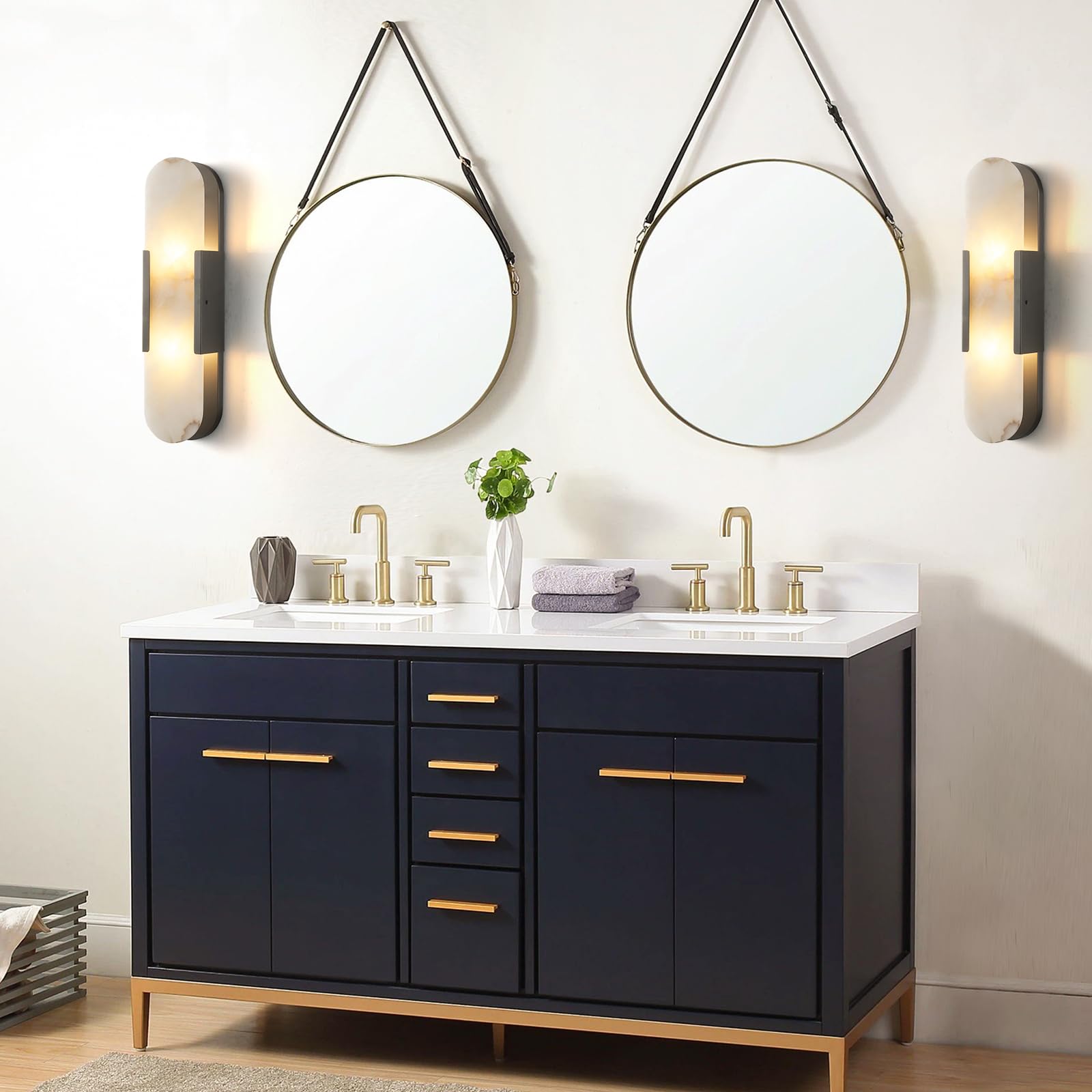 19.7'' Wall Sconces Set of 2, Natural Alabaster Wall Light, Indoor Vanity Light Fixtures for Bathroom,Black Bedside Wall Lamp Perfect for Hallway, Living Room,Bedroom,Stairs(Gift Bulb) - Camilalamps - B0CHYF9LZM