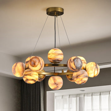 Mid Century Modern Sputnik Chandelier, 12 Light Gold Alabaster Globe Chandeliers- 23.6" Wide, Adjustable Height for Lobby, Dining Room, Living Room, Bedroom