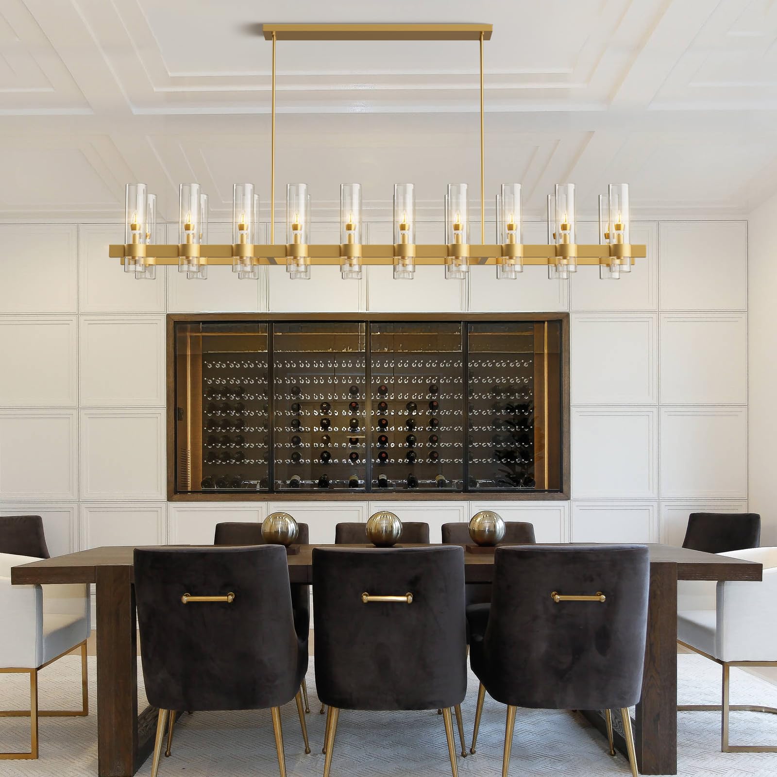 60 Inch Gold Chandelier, Wagon Wheel Chandelier with Glass Shade, 20 - Lights Large Round Modern Farmhouse High Ceiling Pendant Lighting Fixture for Dining Room, Living Room, Kitchen, Foyer - Camilalamps - B0CNRHR35D