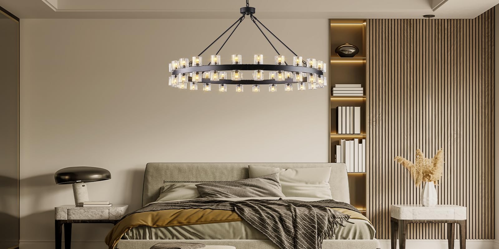 48 Inch Black Wagon Wheel Chandelier with Crystal Shade, 48 Lights, Modern Farmhouse Style, Ideal for Dining Room, Kitchen, Entryways - Camilalamps - B0DPJY8R54