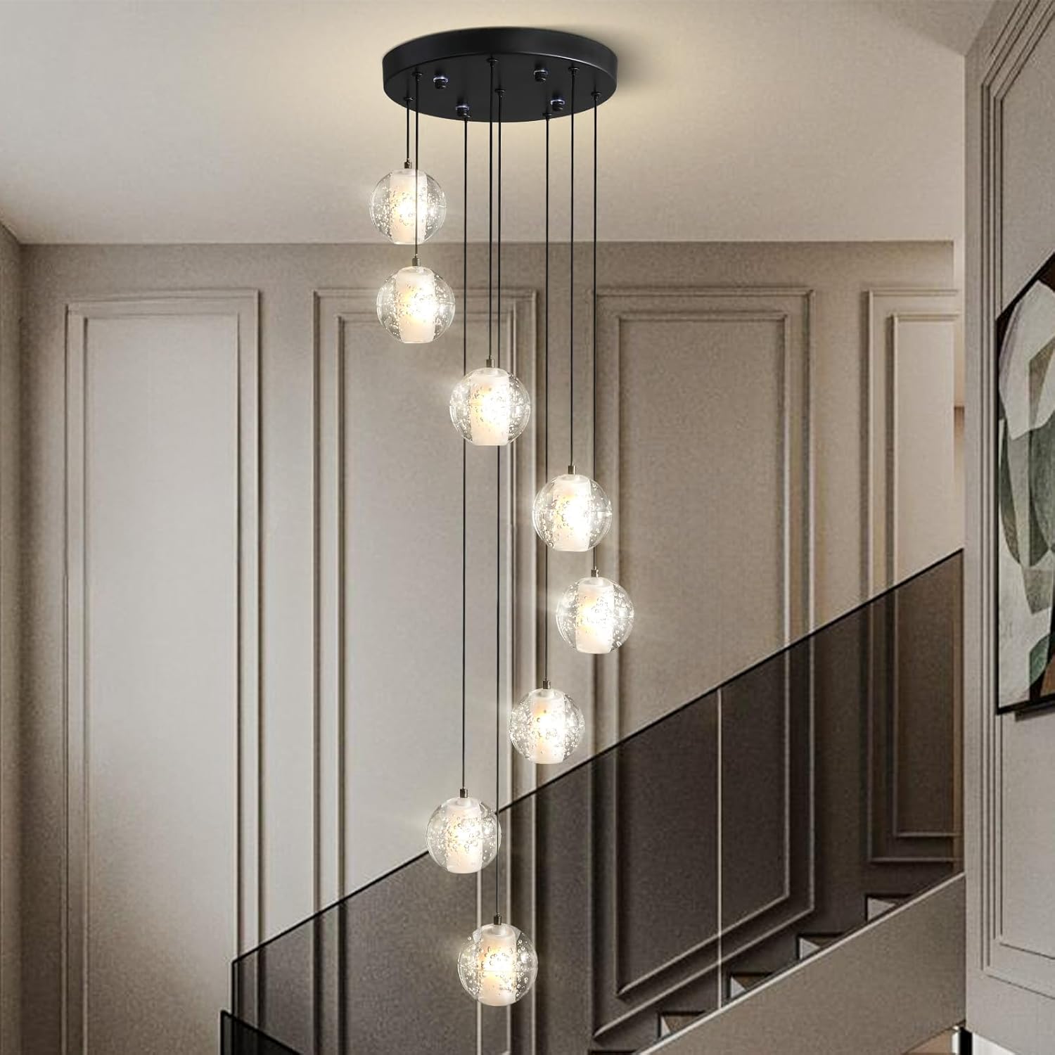 Black Crystal Staircase Chandelier with Adjustable Height and 8 Lights - Camilalamps - CA-B0FVLLNGCP