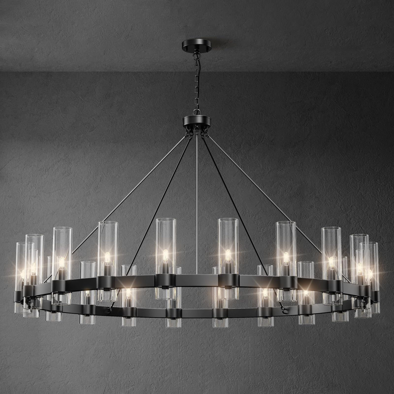 60 Inch Gold Chandelier, Wagon Wheel Chandelier with Glass Shade, 20 - Lights Large Round Modern Farmhouse High Ceiling Pendant Lighting Fixture for Dining Room, Living Room, Kitchen, Foyer - Camilalamps - B0CHYDCZ6L