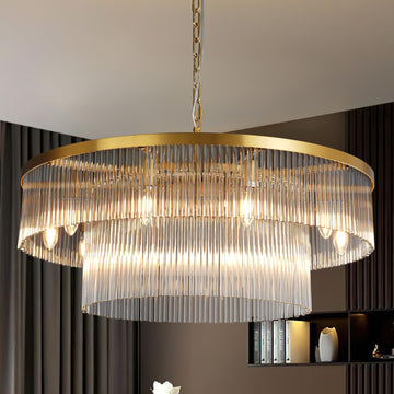 Black Chandelier, 31.5" Modern 2-Tier Glass Striped Chandeliers for Dining Room, Large Round Chandelier for Living Room Foyer Entryway Ceiling Hanging Pendant Light Fixture