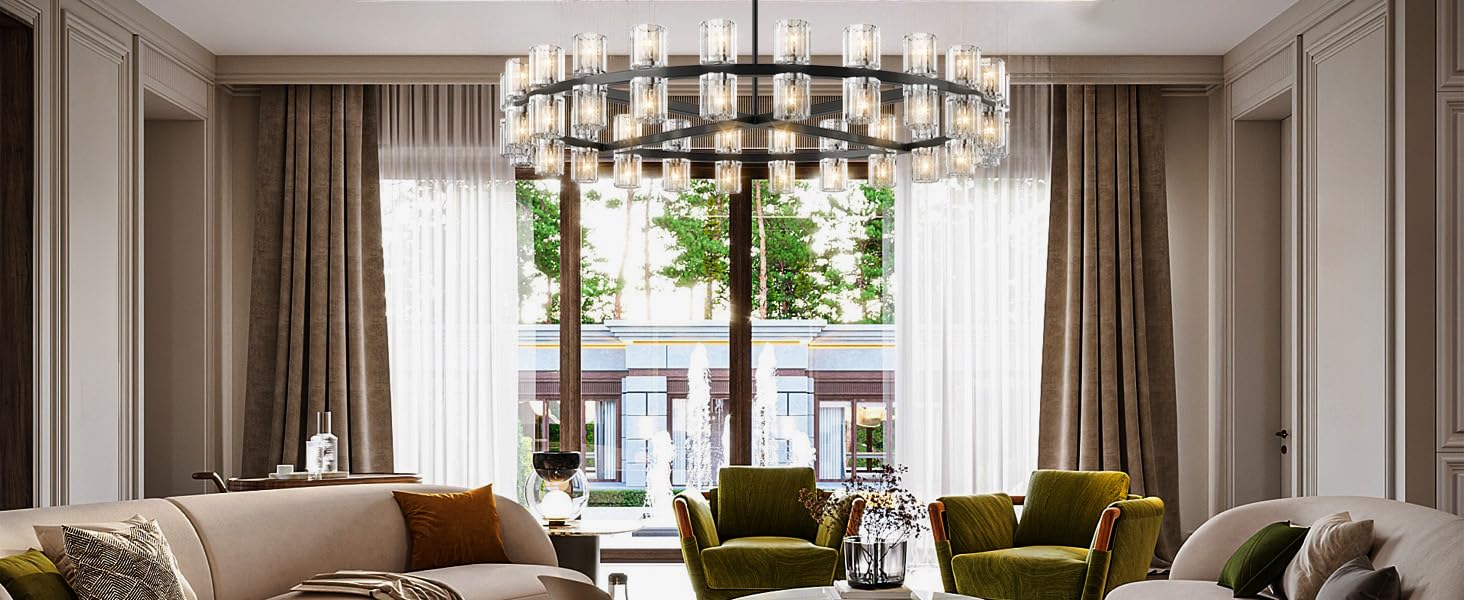 48 Inch Black Wagon Wheel Chandelier with Crystal Shade, 48 Lights, Modern Farmhouse Style, Ideal for Dining Room, Kitchen, Entryways - Camilalamps - B0DPJY8R54