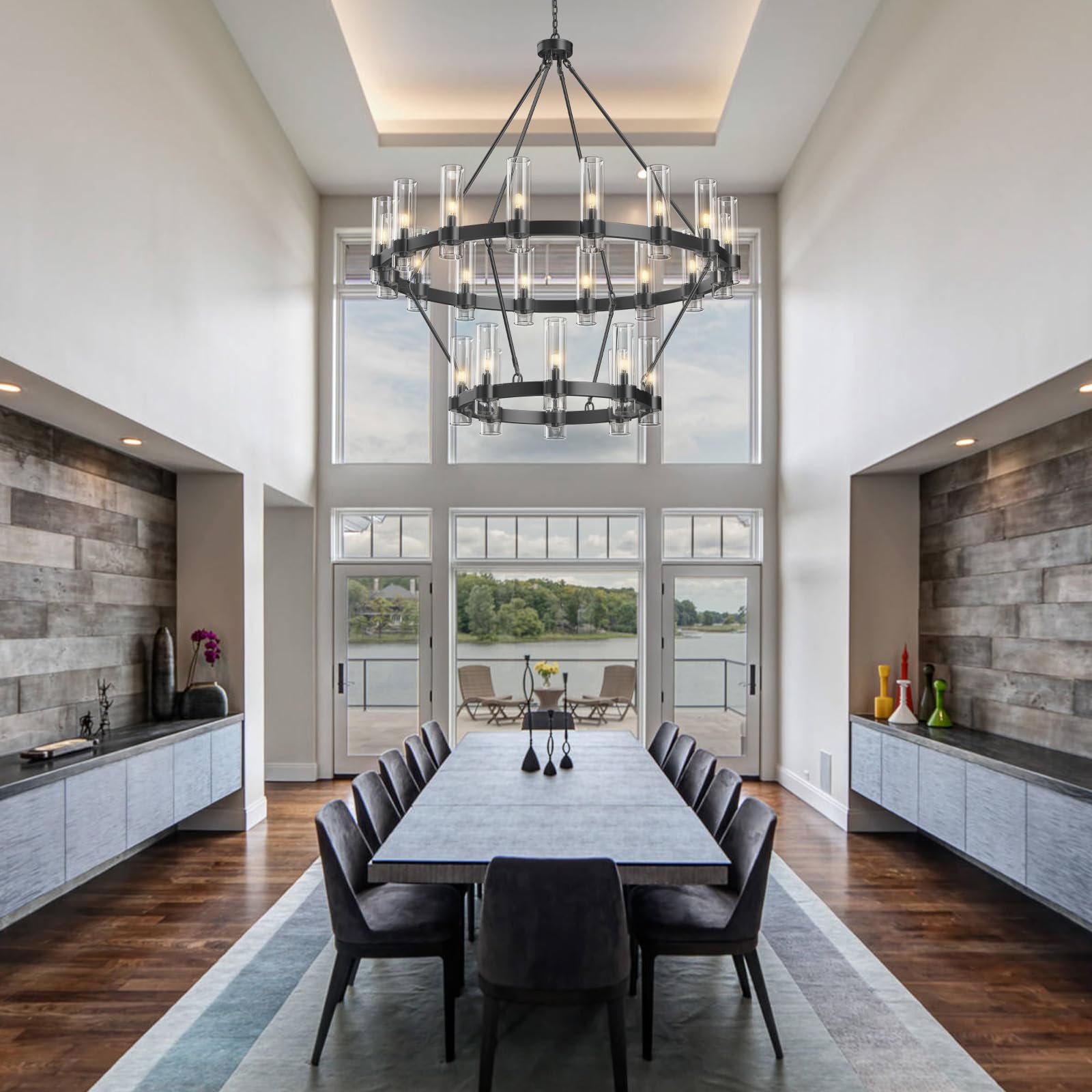60 Inch Gold Chandelier, Wagon Wheel Chandelier with Glass Shade, 20 - Lights Large Round Modern Farmhouse High Ceiling Pendant Lighting Fixture for Dining Room, Living Room, Kitchen, Foyer - Camilalamps - B0CNRHR35D