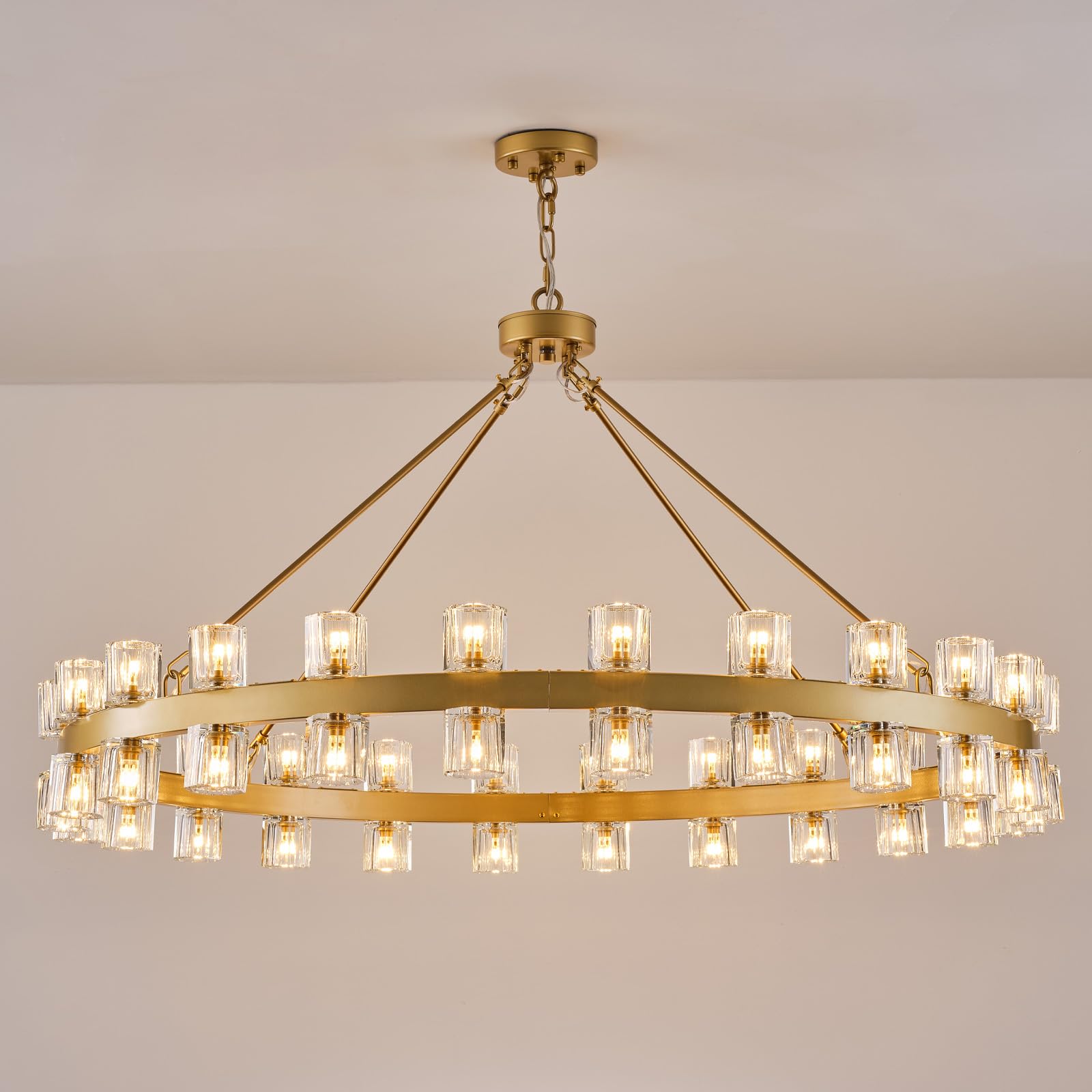 48 Inch Black Wagon Wheel Chandelier with Crystal Shade, 48 Lights, Modern Farmhouse Style, Ideal for Dining Room, Kitchen, Entryways - Camilalamps - B0DPJXC6WT