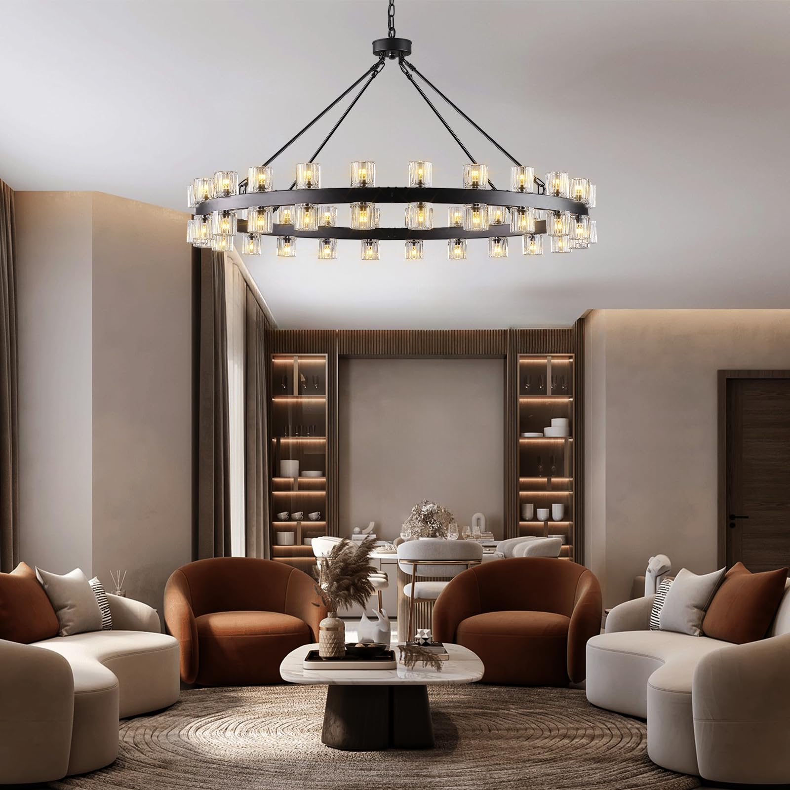48 Inch Black Wagon Wheel Chandelier with Crystal Shade, 48 Lights, Modern Farmhouse Style, Ideal for Dining Room, Kitchen, Entryways - Camilalamps - B0DPJY8R54
