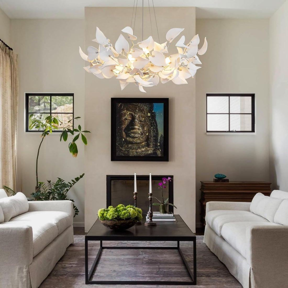 Gold Ceramic Leaf Chandelier 31.5" 6 - Light Modern Round Fixture - Camilalamps - CA-B0FNQKNMZ9