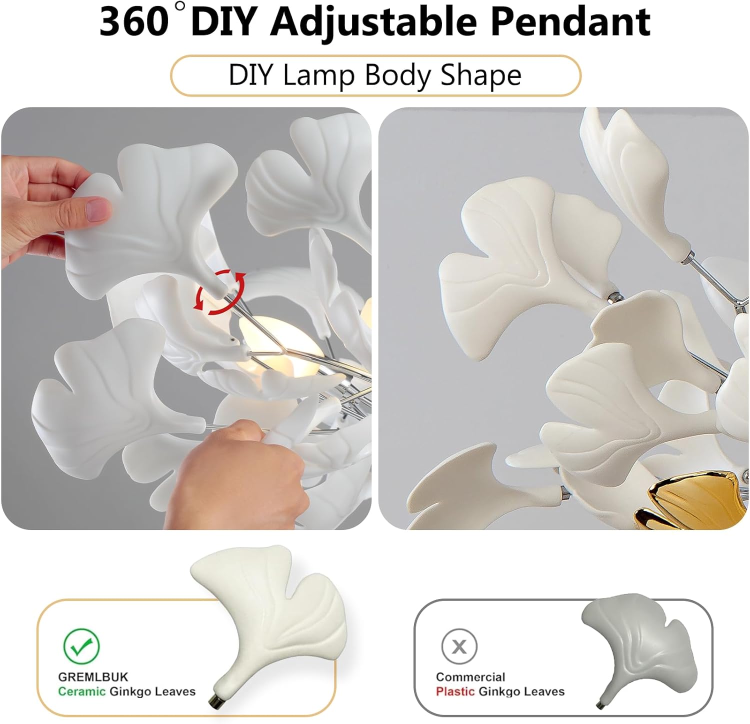 Silver Ceramic Ginkgo Leaf Tree Branch Chandelier – 40" Round Luxury Fixture - Camilalamps - CA-B0DKTGPPS1