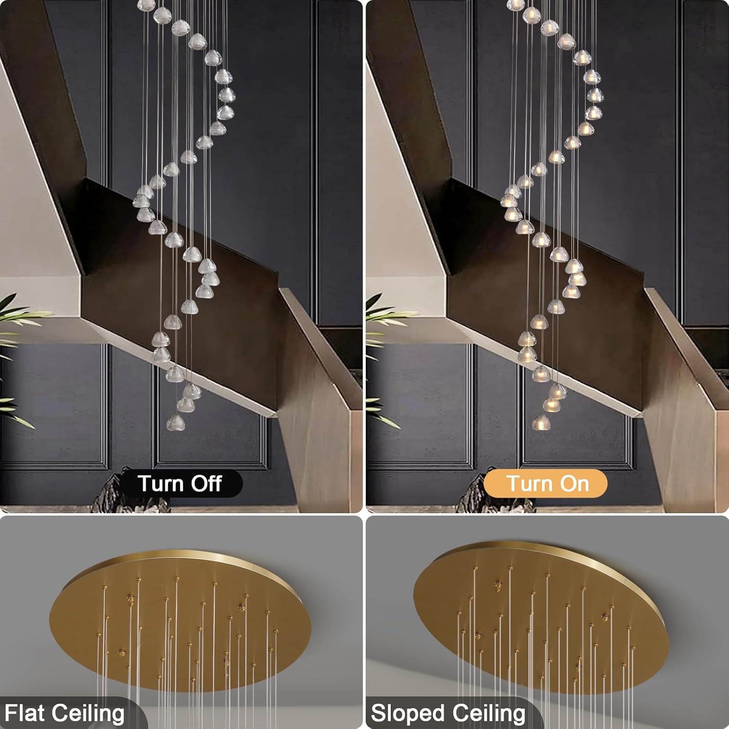 30 - Light Gold Crystal Staircase Chandelier with Adjustable Bubble Shades - Camilalamps - CA-B0FMNYC1ZL