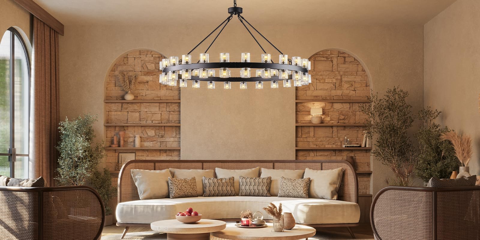 48 Inch Black Wagon Wheel Chandelier with Crystal Shade, 48 Lights, Modern Farmhouse Style, Ideal for Dining Room, Kitchen, Entryways - Camilalamps - B0DPJY8R54