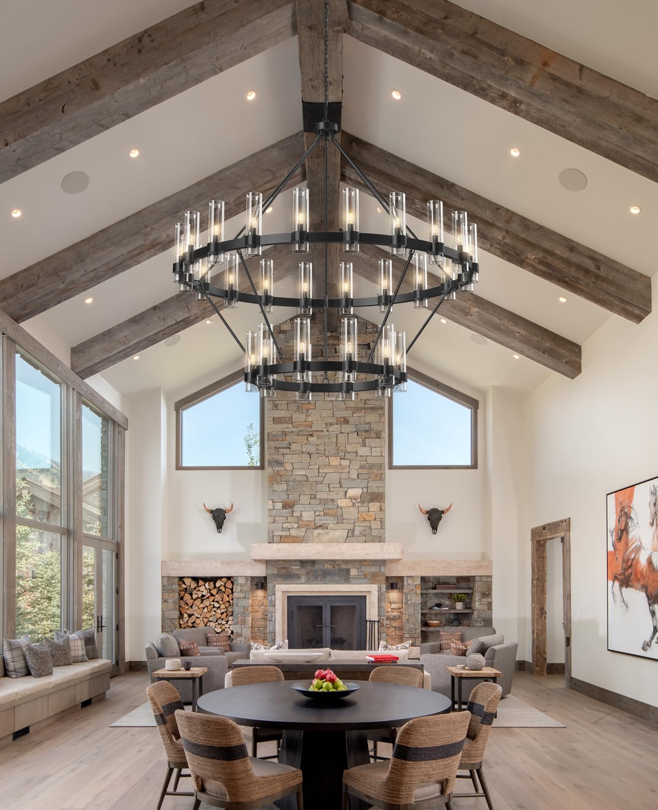 60 Inch Gold Chandelier, Wagon Wheel Chandelier with Glass Shade, 20 - Lights Large Round Modern Farmhouse High Ceiling Pendant Lighting Fixture for Dining Room, Living Room, Kitchen, Foyer - Camilalamps - B0CNRHR35D