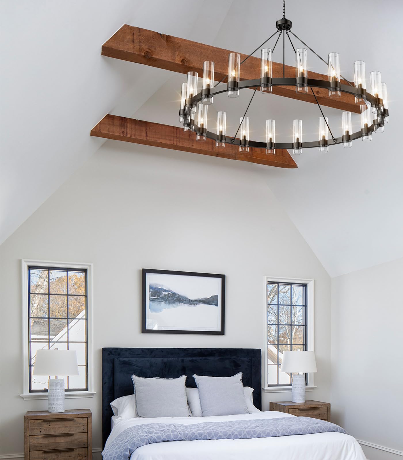 60 Inch Gold Chandelier, Wagon Wheel Chandelier with Glass Shade, 20 - Lights Large Round Modern Farmhouse High Ceiling Pendant Lighting Fixture for Dining Room, Living Room, Kitchen, Foyer - Camilalamps - B0CNRHR35D