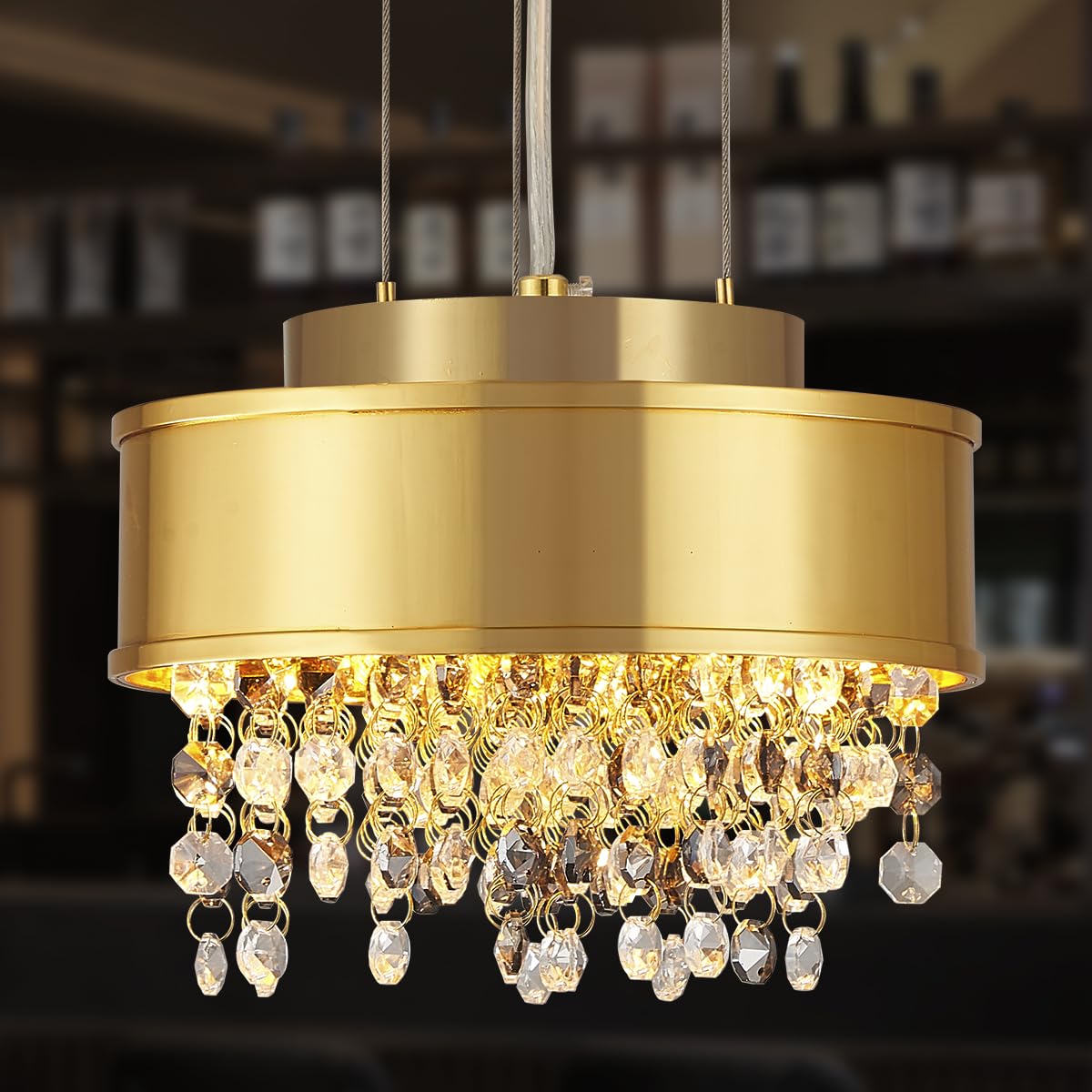 8-inch Mini Gold Crystal Chandeliers, Modern Semi Flush Mount Ceiling Light, Small 3-Light Drum Crystal Hanging Pendant Light Fixtures for Dining Room Entryway Kitchen Hallway