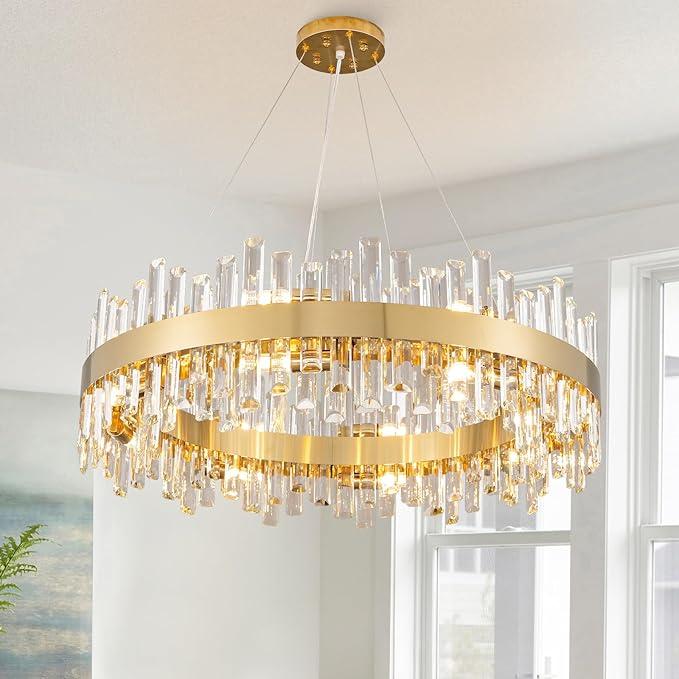 Luxurious 16 - Light Brass Gold Crystal Chandelier – Modern Round 2‑Tier Design - Camilalamps - CA-B0CT8PPWB7