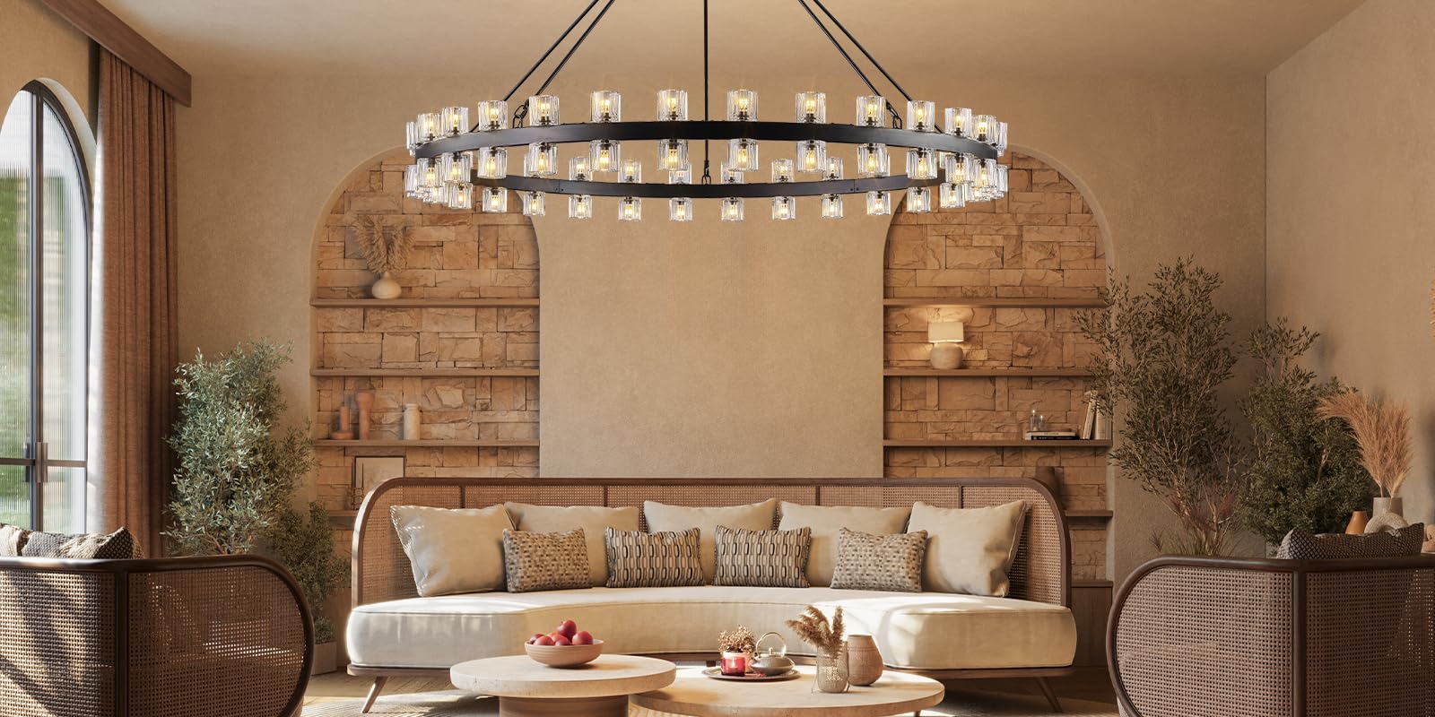 48 Inch Black Wagon Wheel Chandelier with Crystal Shade, 48 Lights, Modern Farmhouse Style, Ideal for Dining Room, Kitchen, Entryways - Camilalamps - B0DPJY8R54