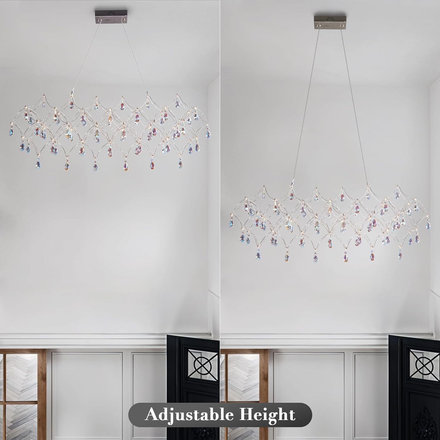 Large Silver Rectangle Crystal Chandelier 49.2" Modern Luxury Raindrop Light - Camilalamps - CA-B0FPM4W27R