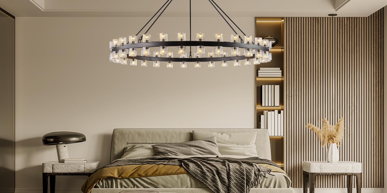 48 Inch Black Wagon Wheel Chandelier with Crystal Shade, 48 Lights, Modern Farmhouse Style, Ideal for Dining Room, Kitchen, Entryways - Camilalamps - B0DPJY8R54