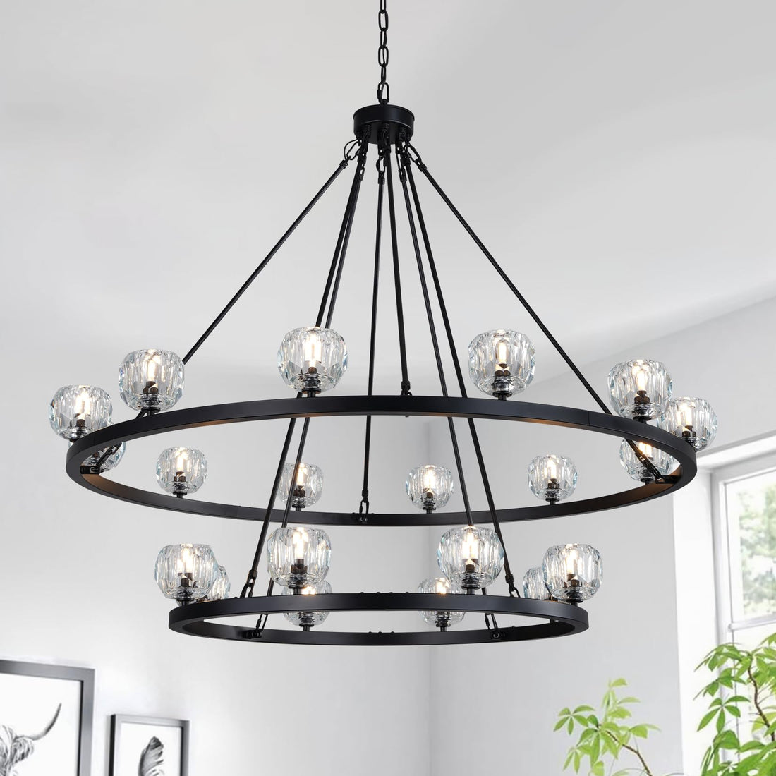 Gold Wagon Wheel Chandelier, 36'' Modern Crystal Chandeliers for Dining Room Over Table, 9-Light Round Farmhouse Chandelier Light Fixture for Living Room, Bedroom, Foyer and Stairs and Entryway