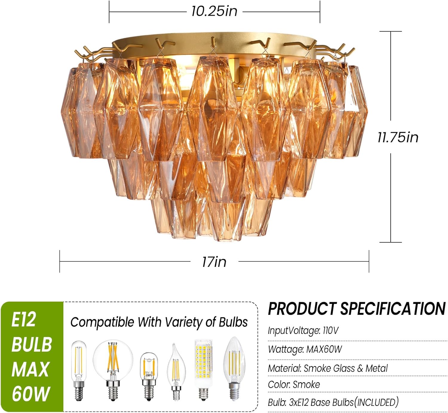 Amber 17" Modern Crystal Glass Chandelier for Elegant Ceiling Lighting - Camilalamps - CA-B0FC1Q3TNC