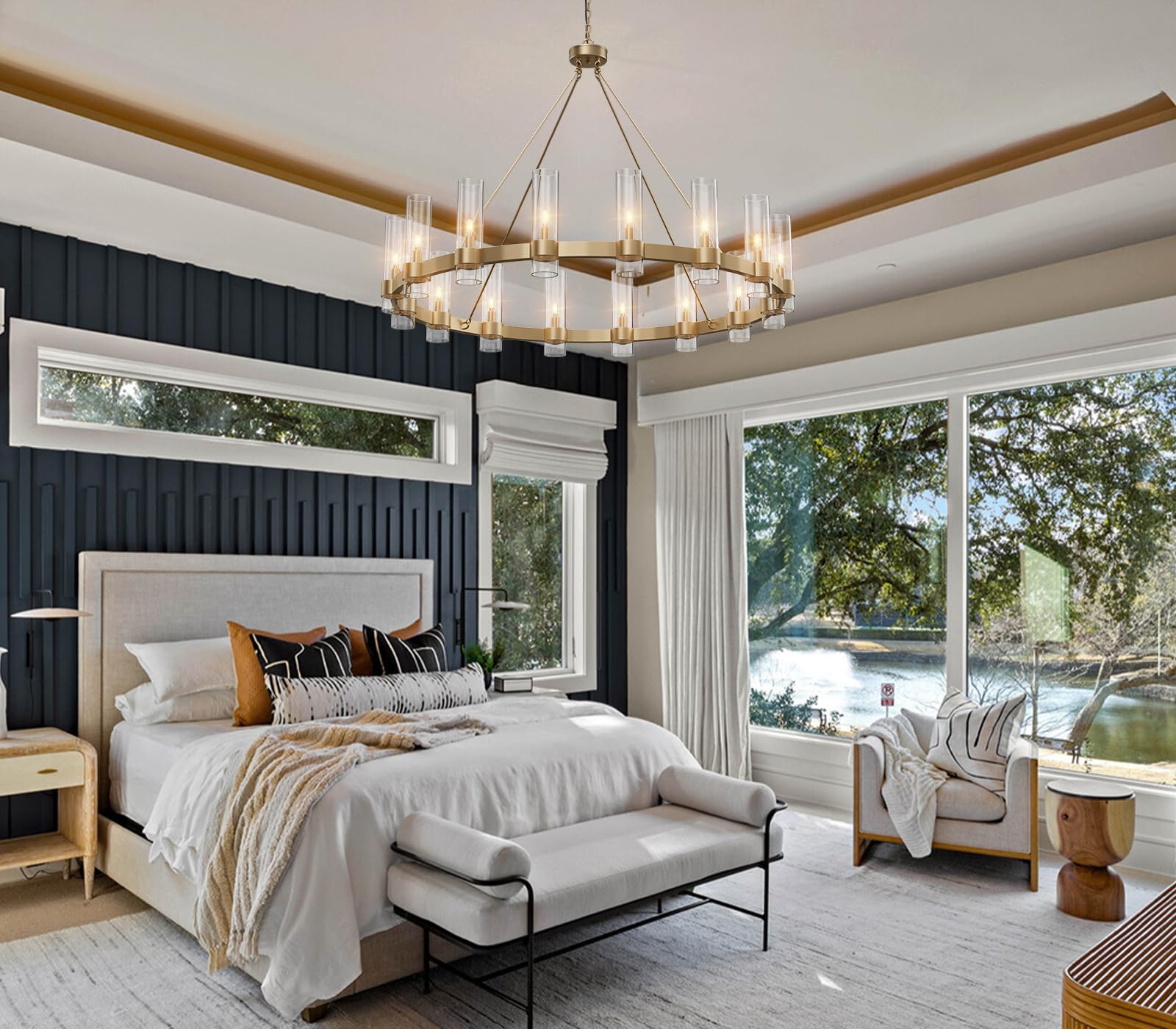 60 Inch Gold Chandelier, Wagon Wheel Chandelier with Glass Shade, 20 - Lights Large Round Modern Farmhouse High Ceiling Pendant Lighting Fixture for Dining Room, Living Room, Kitchen, Foyer - Camilalamps - B0CNRHR35D