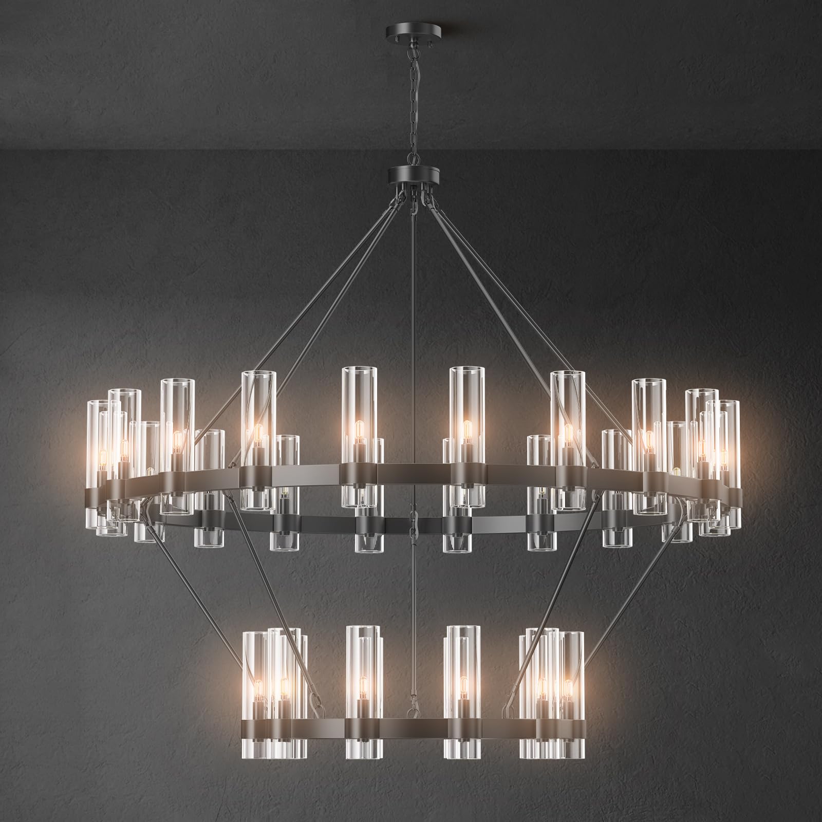 60 Inch Gold Chandelier, Wagon Wheel Chandelier with Glass Shade, 20 - Lights Large Round Modern Farmhouse High Ceiling Pendant Lighting Fixture for Dining Room, Living Room, Kitchen, Foyer - Camilalamps - B0DNQLSNVD