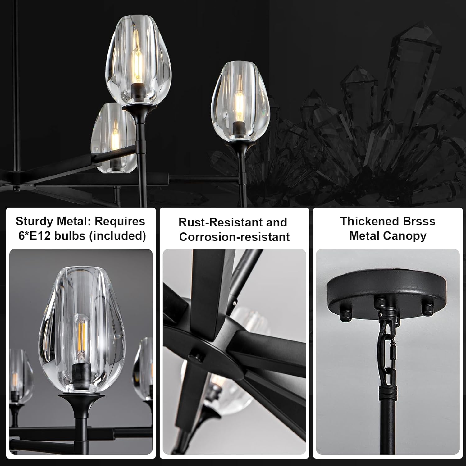 Modern Black Crystal Chandelier 6 Lights 42in Round K9 Tulip Pendant - Camilalamps - CA-B0DD44R37T