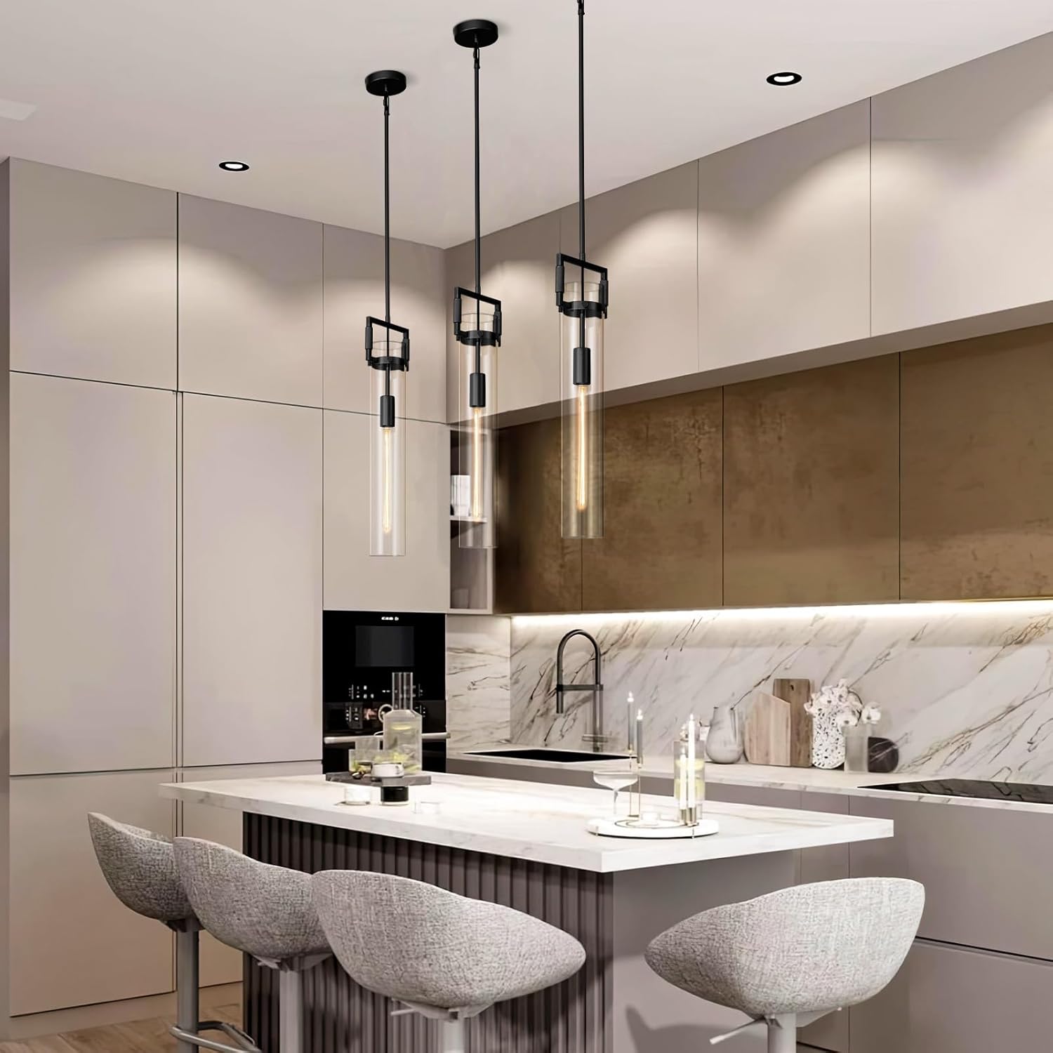 Modern Large Black Pendant Light Fixture Set of 2 - 21.6 Inch Adjustable Hanging Chandelier with Glass Shade & Brass Finish, Farmhouse Island Lighting for Kitchen, Dining Room, Bathroom - Camilalamps - CA-B0FGJ75LZ1