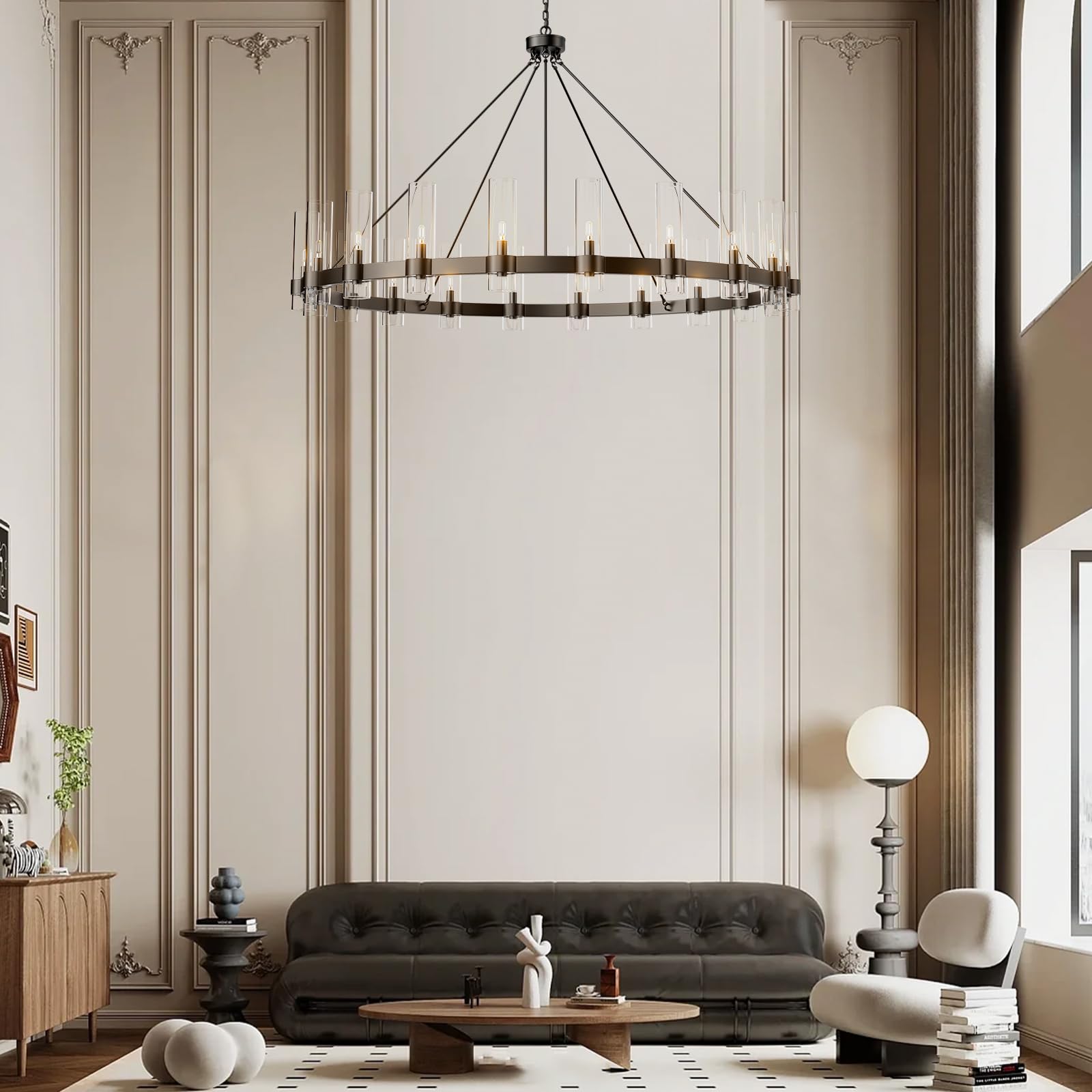 60 Inch Gold Chandelier, Wagon Wheel Chandelier with Glass Shade, 20 - Lights Large Round Modern Farmhouse High Ceiling Pendant Lighting Fixture for Dining Room, Living Room, Kitchen, Foyer - Camilalamps - B0CNRHR35D