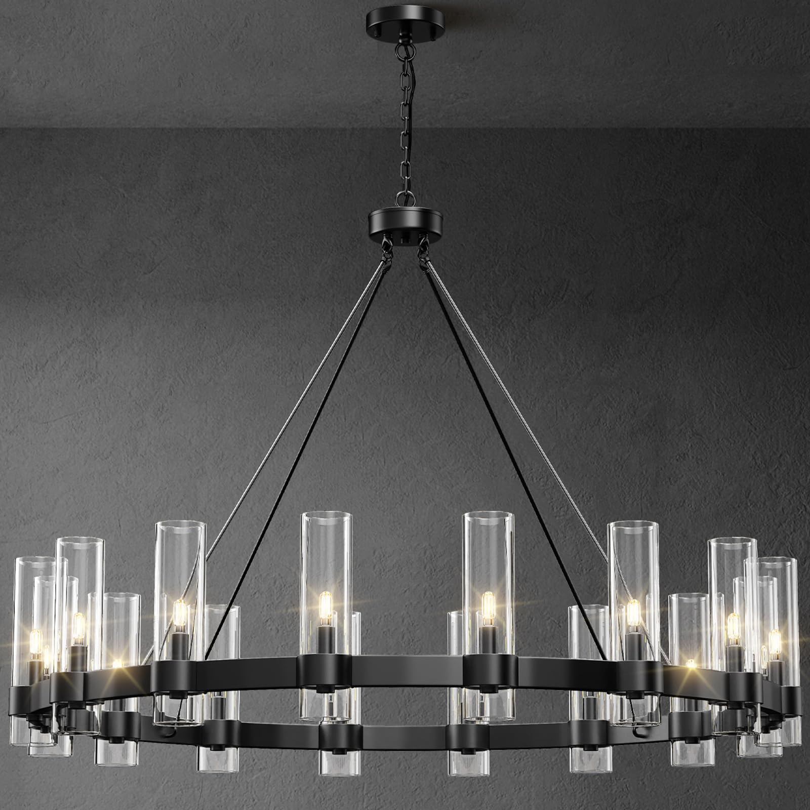 60 Inch Gold Chandelier, Wagon Wheel Chandelier with Glass Shade, 20 - Lights Large Round Modern Farmhouse High Ceiling Pendant Lighting Fixture for Dining Room, Living Room, Kitchen, Foyer - Camilalamps - B0CHYBSCP3