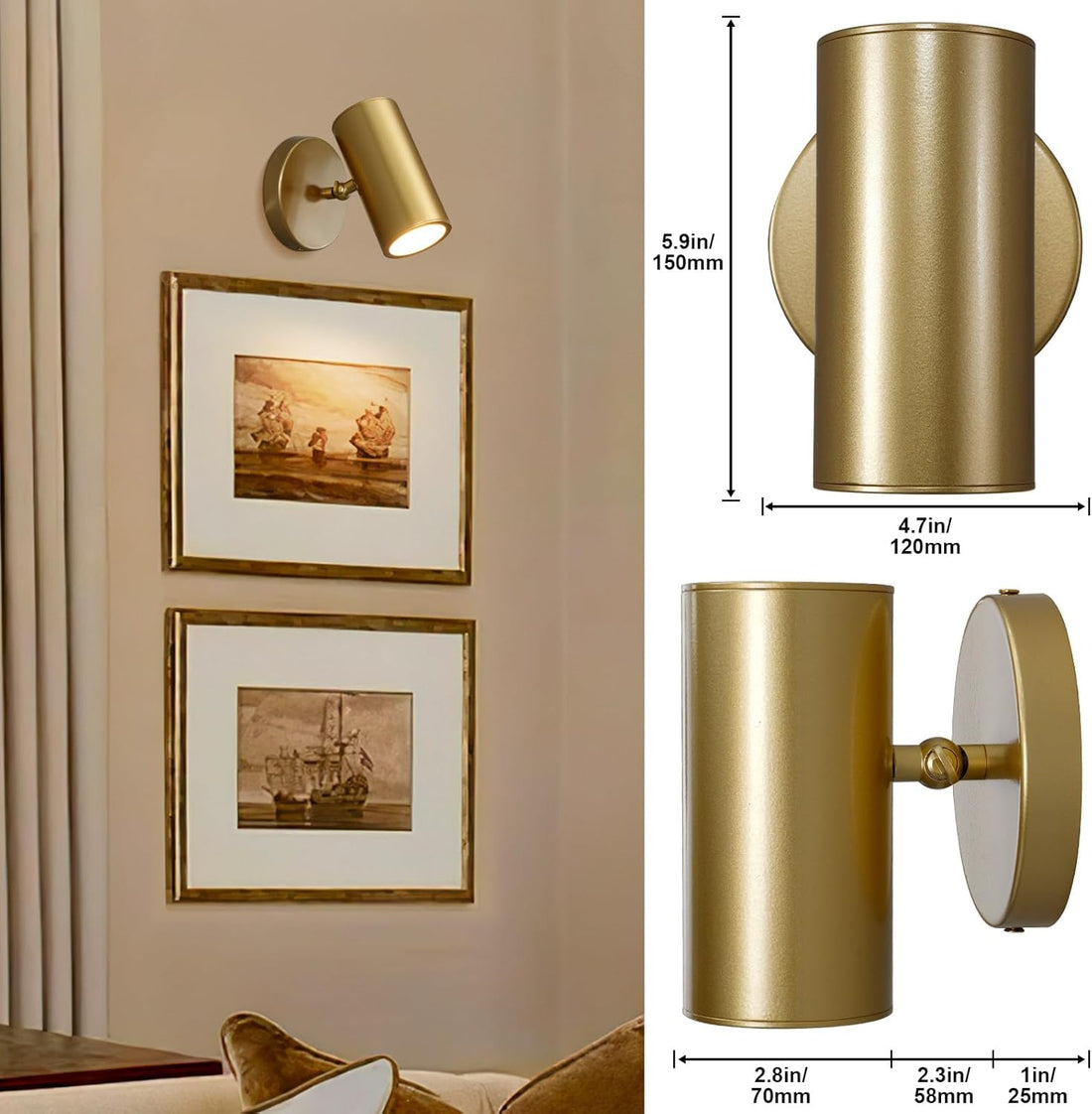 Gold Brass Picture Light Sconce with Adjustable LED, Wall Mount - Camilalamps - CA-B0F9SJ81FQ