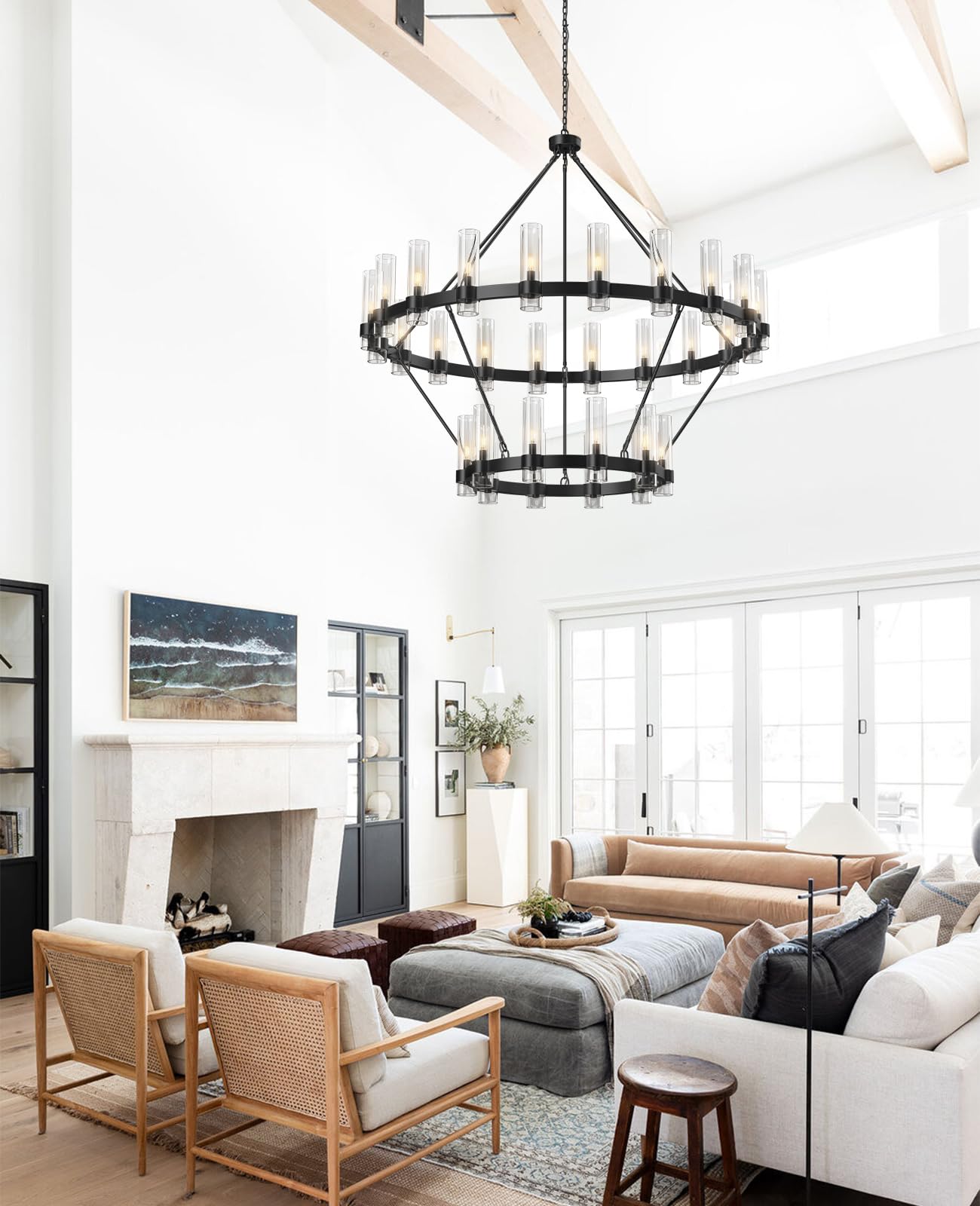 60 Inch Gold Chandelier, Wagon Wheel Chandelier with Glass Shade, 20 - Lights Large Round Modern Farmhouse High Ceiling Pendant Lighting Fixture for Dining Room, Living Room, Kitchen, Foyer - Camilalamps - B0CNRHR35D