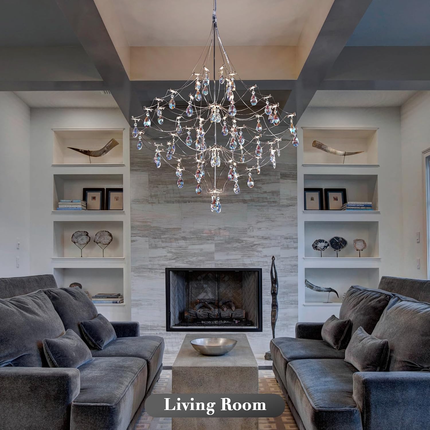 Silver 31.5" Round Crystal Raindrop Chandelier for Modern Homes - Camilalamps - CA-B0FPM628ZH