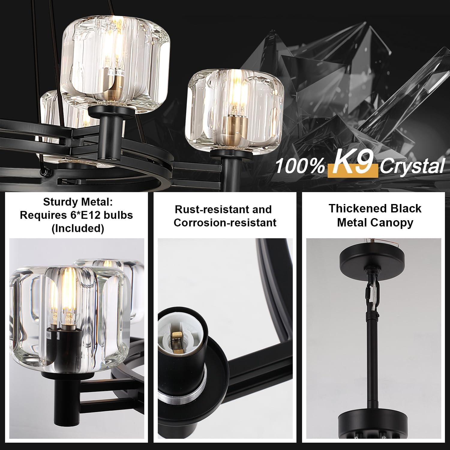 Black Round 36" K9 Crystal Chandelier with Adjustable Height - Camilalamps - CA-B0F28LX3LG