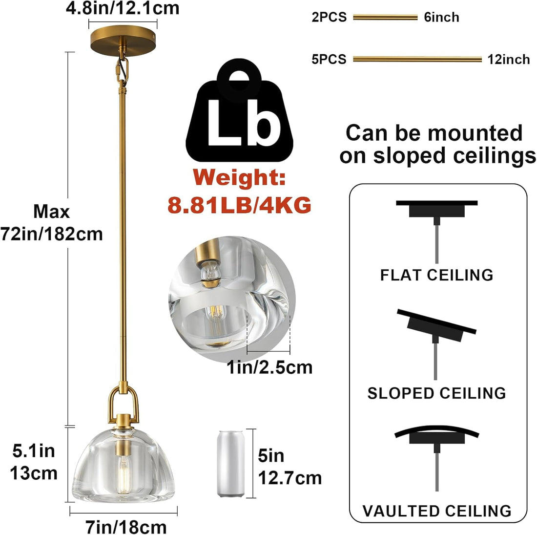 7 - inch Glass Brass Pendant Light with Adjustable Height – 2 Pack - Camilalamps - CA-B0FHV9CDJX