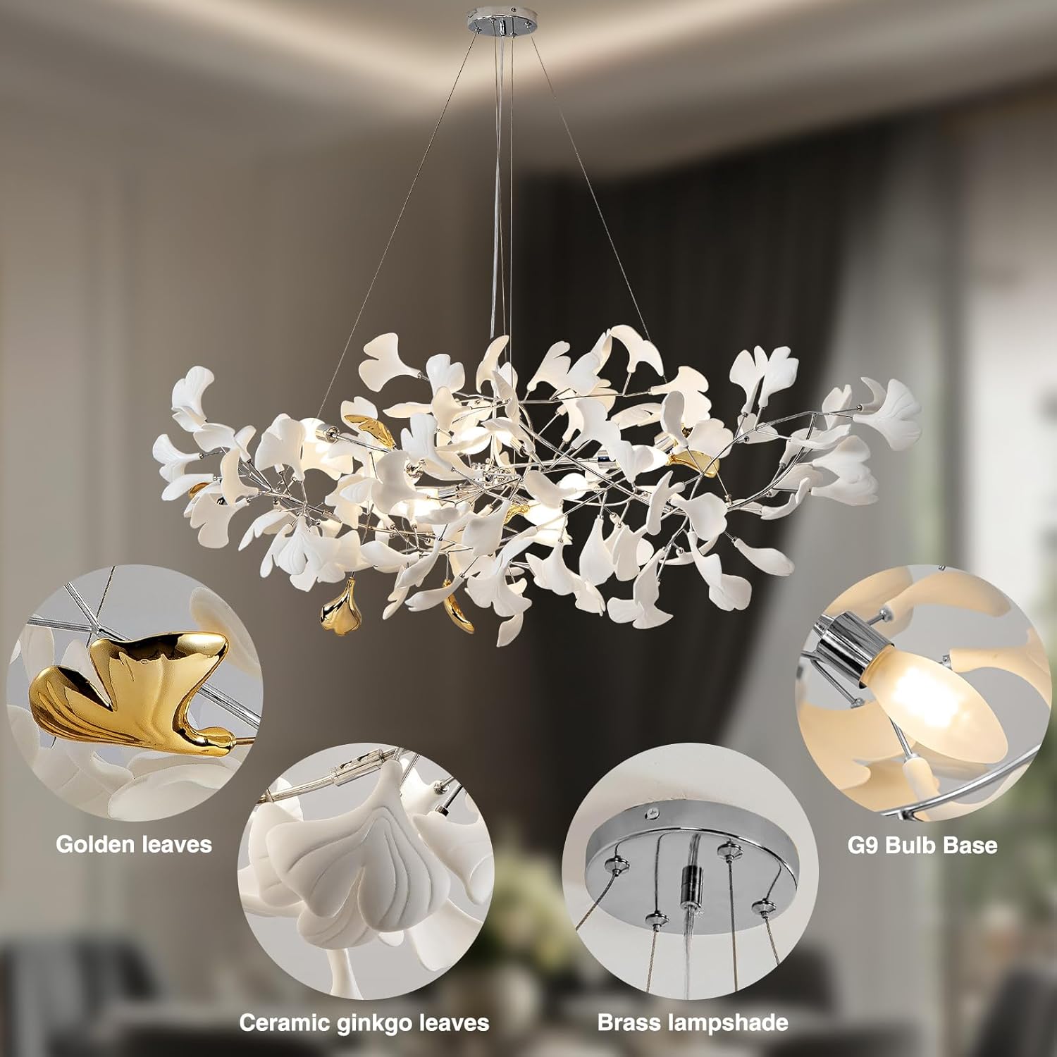 Silver Ginkgo Leaf Branch Chandelier – 59" Modern Brass Light - Camilalamps - CA-B0DLB3MJ51