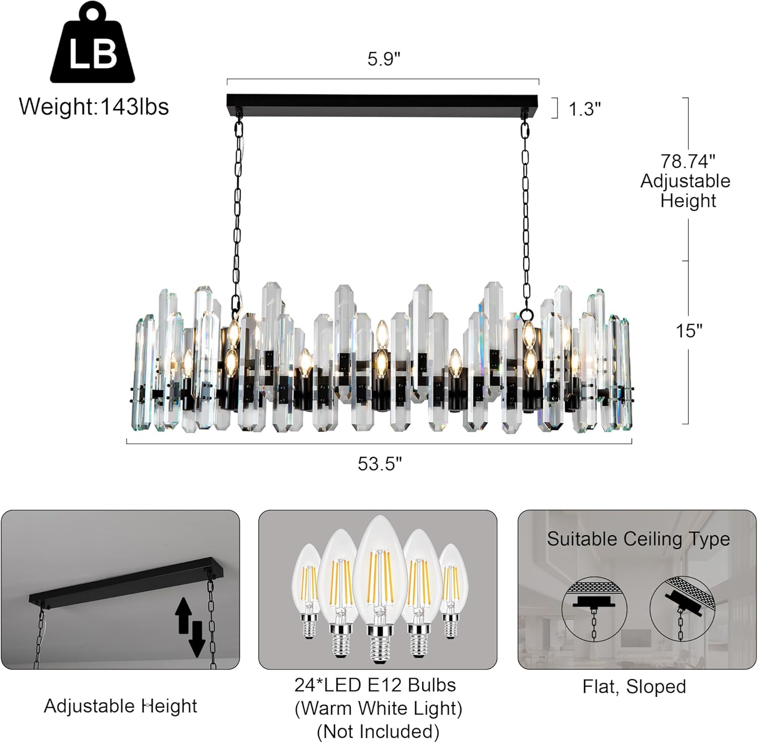 Luxury 54" Black Rectangular Crystal Chandelier with Adjustable Chain - Camilalamps - CA-B0FJFSTY2S