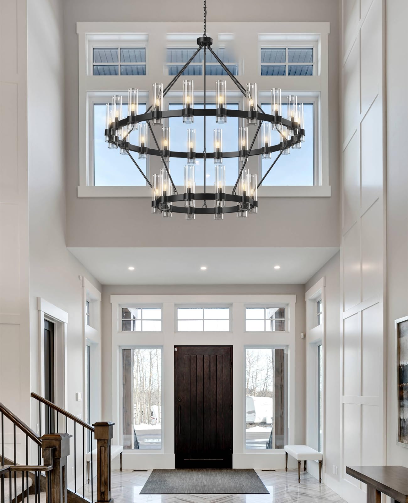 60 Inch Gold Chandelier, Wagon Wheel Chandelier with Glass Shade, 20 - Lights Large Round Modern Farmhouse High Ceiling Pendant Lighting Fixture for Dining Room, Living Room, Kitchen, Foyer - Camilalamps - B0CNRHR35D